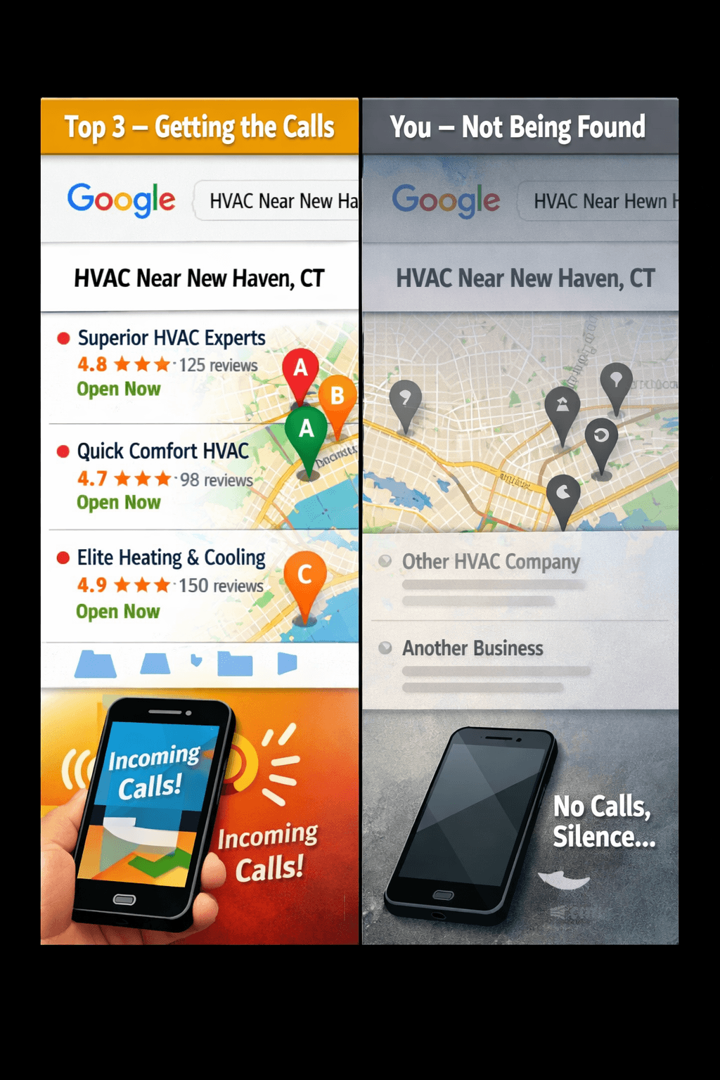 An AI generated image of search results. The left shows competitors' phone's ringing when on the right, your company's phone is silent. 