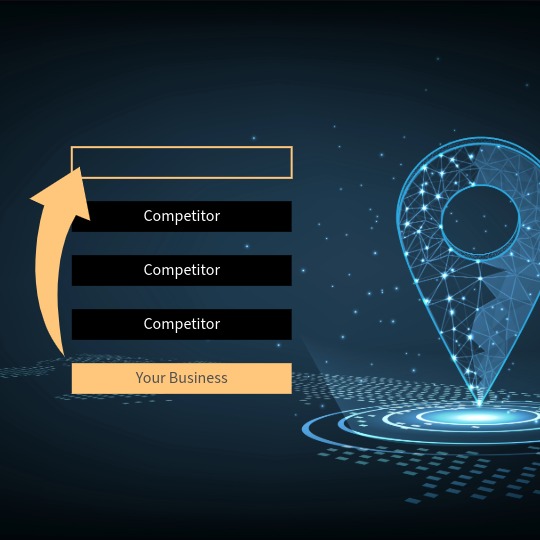 Local SEO Services main page image with a stock image of a location pin icon in the background with a chart of your business moving up over competitors